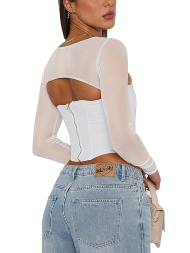 REORIA Women's Fall Fashion Mesh Long Sleeve Square Neck Boned Corset Tops Sexy Trendy Going Out Crop Tops Valentines Day Shirts (White Medium) - image 2