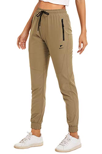 EKLENTSON Pantalon Jogging Femmes Sport Élastique Taille Haute Pants avec 2 Zippées Poches Kaki Cover