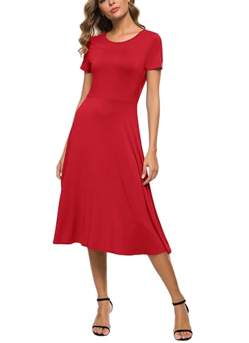 Image of EXCHIC Women's Casual Round Neck Short Sleeve Midi Dress Solid Stretchy Waist Knee Long Dress
