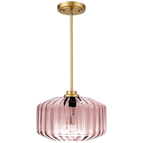 Image of Pendant Lights Gold Kitchen Island Pendant Light Fixtures 1 Light with Amber Glass Shade, Large Glass Chandelier Hanging Lights for Bedroom Living Dining Room (Pink)