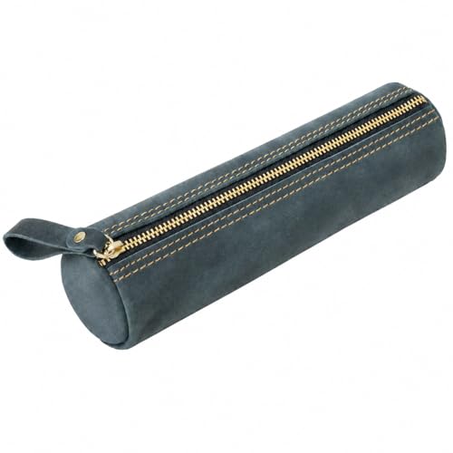 Image of ECHSRT Genuine Leather Pencil Pouch, Classic Cylinder Pen Bag - Blue | Full-Grain Cowhide Leather, Crazy Horse Finish, Single Zipper, Vintage Pen Organizer for Adults