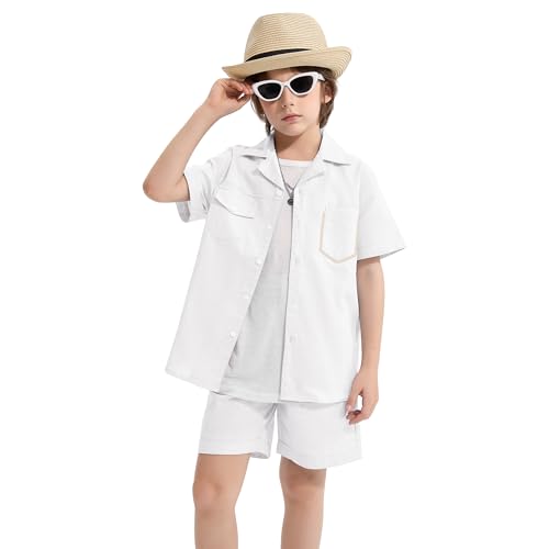 Image of LOLANTA Boys 2 Pieces Linen Set kids Short Sleeve Button Down Shirt and Shorts Summer Vacation Outfits