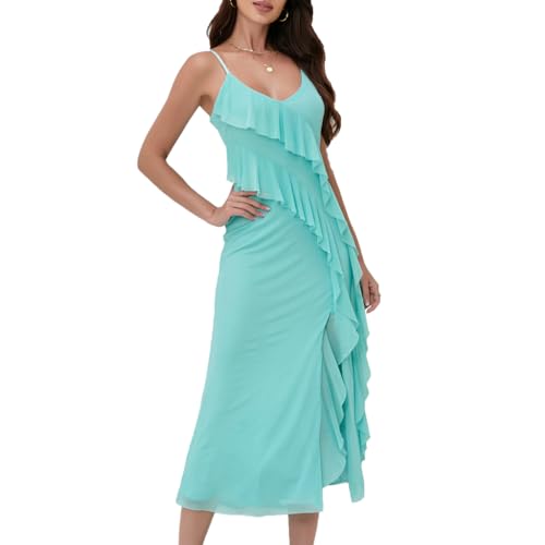Image of Women's Spaghetti Strap Ruffle Side Split Long Dress Bodycon Beach Maxi Dresses