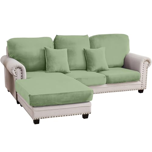 Taque Couch Cover 3-Piece Elastic Velvet Couch Cushion Covers & Chaise Slipcovers for L-Shaped Sofas, Sofa Seat Covers Washable, Soft Cover for Couches (2 Seater + Chaise, Avocado Green)