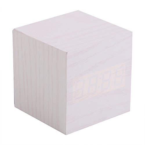 Aeloa Despertador Digital, Luz LED de Madera Mini Cube Moderno Reloj Despertador de Escritorio Muestra Hora Fecha Temperatura Niños, Dormitorio, Hogar, Dormitorio, Viaje(白木 红字)