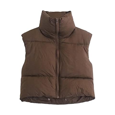 HOULENGS Women's Stand Collar Crop Puffer Vest Lightweight Sleeveless Winter Warm Outerwear Puffer Vest Padded Gilet Brown X-Large Cover
