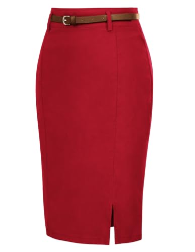 Image of Kate Kasin Women Pencil High Waist Knee Length Bodycon Skirt with Belt