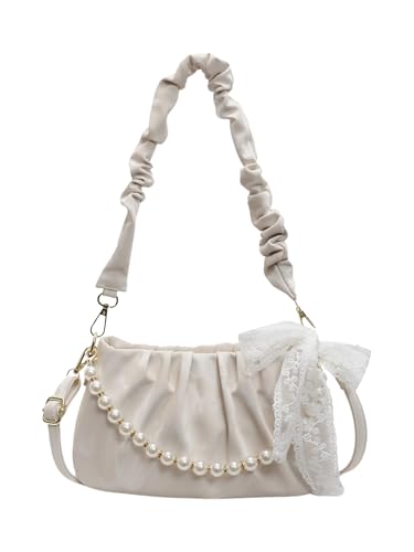 QWINEE Women's Peal Handbag Bow Knot Top Handle Zipper Ruched Leather Shoulder Bags