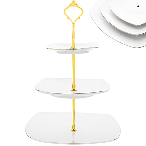 Nyxi Cake Stand Afternoon Tea White Ceramic Square Plates 3 Tier Cake Stand Porcelain Display with New Gold Crown Fittings