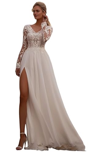 JAEDEN Brautkleider, Damen Brautkleid mit Ärmel Boho Lang Hochzeitskleid Standesamtkleider Weiß 40
