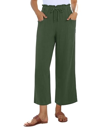 Image of siliteelon Wide Leg Linen Pants for Women Summer Capri Palazzo Flowy Pants Casual Loose High Waist Trousers with Pockets