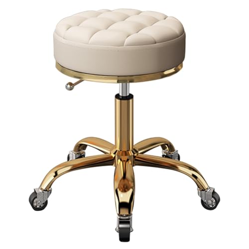 Złoty metalowy regulowany fotel na kółkach obrotowy stołek kosmetyczny z 5 pazurami i kołami uziemiającymi idealny do salonów, biur i domu, baru, stylowa okrągła konstrukcja siedziska