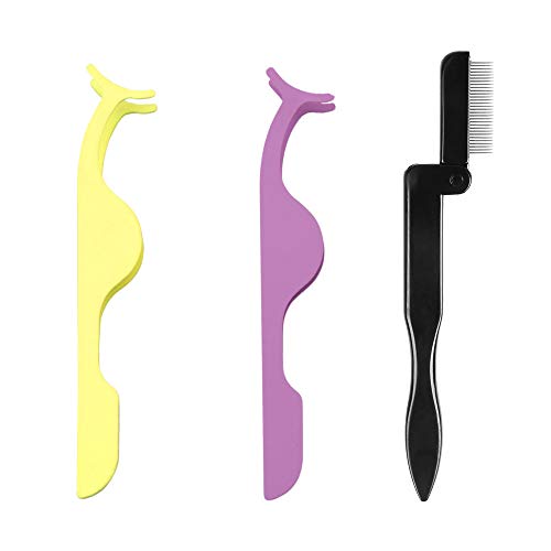 SENXILLER Eyelash Comb Metal Teeth and Folding, False Eyelash Applicator Tool Extension Tweezers Remover Clip Tweezers Nipper(Purple & Yellow)