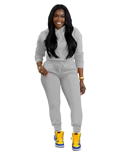 TOPSRANI Womens Two Piece Outfits Bodycon Tracksuit Sweatsuits Hoodie Solid Jogger Biker Workout Lounge Long Sleeve Pant Sets Grey XXL