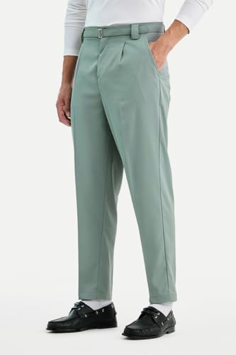 Image of SNITCH Men Trousers Formal Wear | Relaxed Fit Straight Leg Pleated Front & Turned-up Hem Design | Polyester Blend Medium-Stretch Fabric for Office Meetings & Daily Professional Use