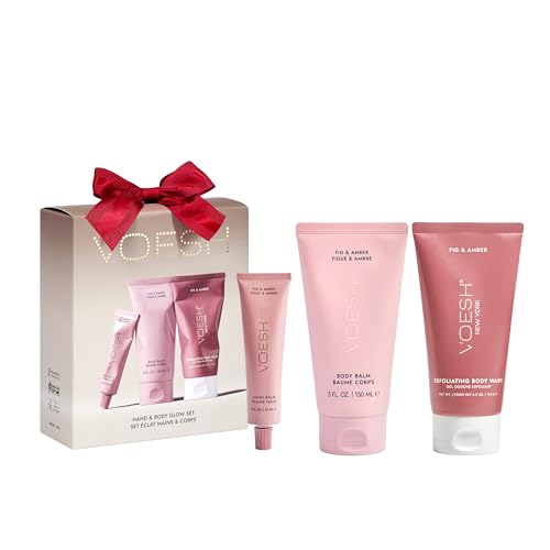 VOESH Hand & Body Glow Gift Set - 3-Piece Gift Set for Radiant Skin - Exfoliating Body Wash, Body Balm & Hand Balm - Vegan K-Beauty Korean Skincare - Fig & Amber Scent