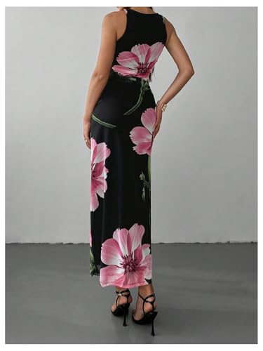 Milumia Women's Floral Mesh Maxi Dress Sleeveless Crew Neck Ruched Bodycon Long Dresses3