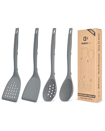 Packung von 4 Silikon Kochgeräte Set, Non-Stick-Festspalten und hitzebeständige Schlitzlöffel mit Rücken Haken, Ideale BPA-freie Küchenutensilien Set für Braten, Servieren, Drehen, Rühren (Grau)