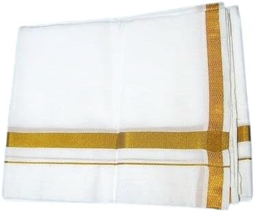 Pavan Ecommerce Handloom Men's Cotton Single Lungi With Gold Zari Border (White Color) (1.30 x 2.00 Meter) Pack of 1 White Gold Border Lungi 1