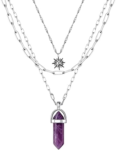 MJartoria Sun Necklace Crystal Necklace Amethyst Charm Pendant Multi Layered Necklaces for Women Choker Necklace Gothic Jewelry Goth Accessories Set