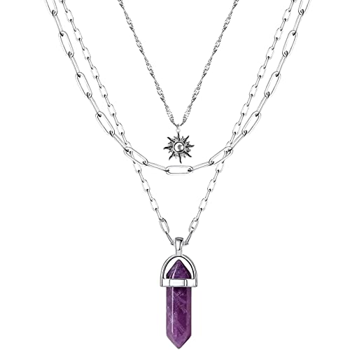 Mjartoria Sun Necklace Crystal Necklace Amethyst Charm Pendant Multi Layered Necklaces For Women Choker Necklace Gothic Jewelry Goth Accessories Set #TOP26