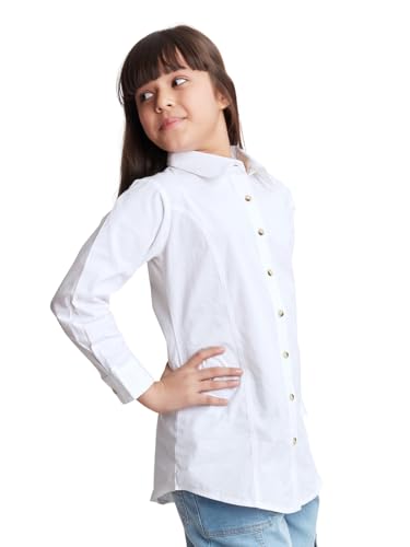 Image of olele Girls Full Sleeve Ruffles Cotton Linen Shirt - White for 4 to 14 Years | Kids Girl White Shirt | White Ruffle Shirt for Girls | Shirt Jeans