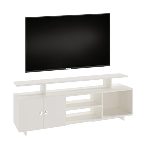 Image of FURNEASER Eskido Engineered Wood TV Entertainment Unit, Floor Standing TV Cabinet with Storage Shelves for Living Room, TV Stand for 32,43,50 & 55 Inch TV (Exotic Teak & White) (White)