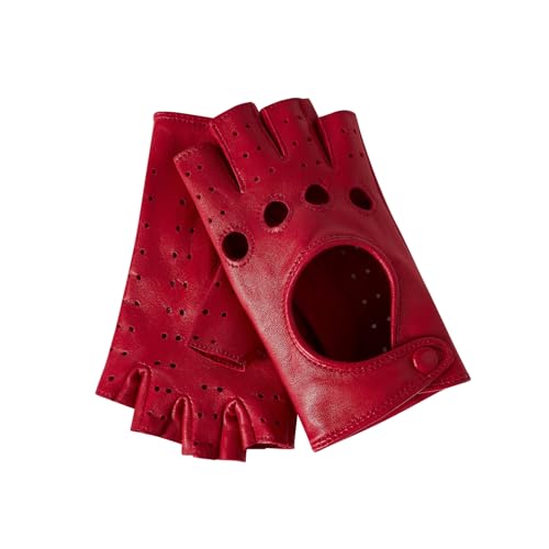 Hanotolo Womens Leather Fingerless Gloves -Lambskin Driving Gloves Unlined Red L