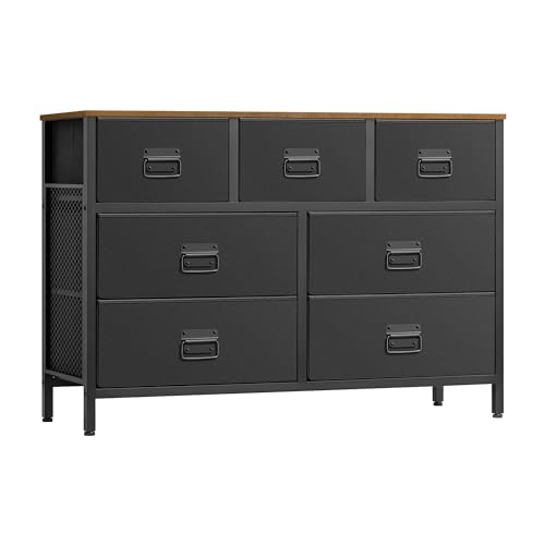 SONGMICS Dresser for Bedroom, Storage Organizer Unit with 7 Fabric Drawers, Chest of Drawers, Steel Frame, for Living Room, Entryway, Rustic Brown and Black ULTS227B01