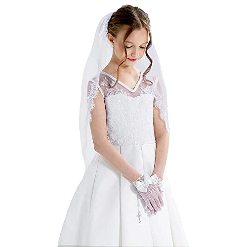 Girls First Communion Veil Lace Edge Holy White Mantilla Eyelash Floral Trim Mantilla Flower Girl Wedding Veils Chapel Vail Kids Veil with Comb3