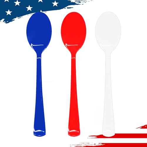 60 Pcs Red White and Blue Plastic Spoons Independence Day Plastic Spoons Heavy Duty Disposable Plastic Cutlery Set for Memorial Day Independence Day Decorations