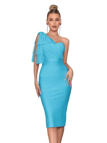 Image of Mesh One Shoulder Bow Bodycon Midi Graduation Birthday Dinner Dress Bandage Party Dress