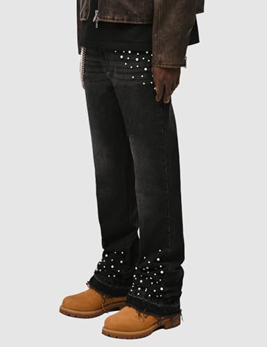 CosTribe Men's Straight Leg Jeans Pearl Patch Casual Denim Pants Baggy Pants with Pockets Ripped Slim Fit Jeans3