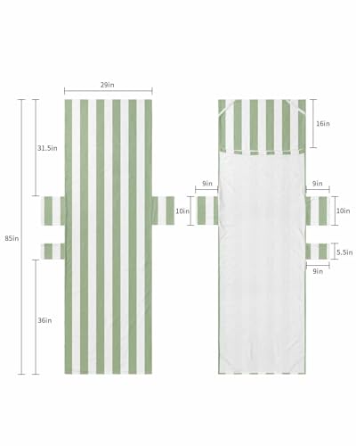 Sage Green Striped Beach Lounge Chair Towel Cover, Soft Chaise Lounge Towel with Side Pockets Patio Pool Chairs Cover for Beach/Pool Sunbathing 29x85 Farmhouse Sage Green Stripes