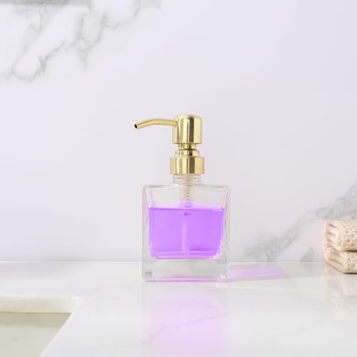 Image of Square Bathroom Soap Dispenser Brushed Gold, Glass Bottles with Stainless Steel Pump 8.4 OZ Cube Liquid Soap Dispenser Hand Kitchen