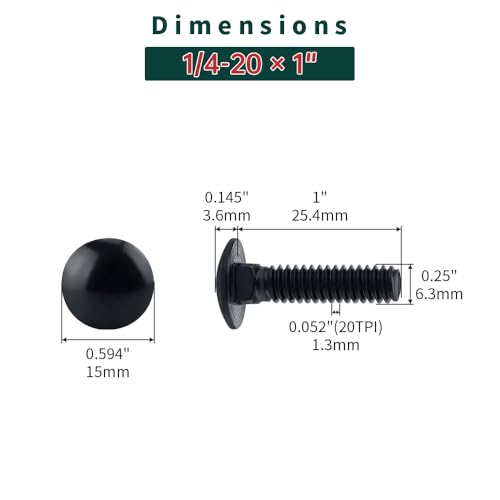 Image of 1 /4-20 x 1 Black Carriage Bolts with Nuts and Washers Kits (20 Sets), 304 Stainless Steel 18 /8, Black Finish, Round Head, Square Neck, Heavy Duty Bolts, Indoor Outdoor Fastening Bolts, Fayeploo