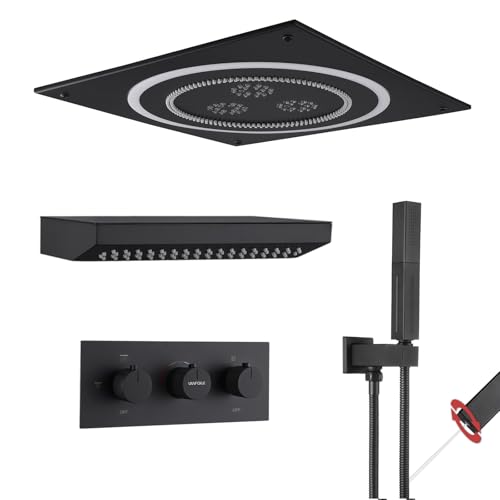 VANFOXLE Thermostatic Shower Faucet Set Matte Black Shower System, Shower Faucet with 2 in 1 Handheld, Ceiling Mount 19 Inch Dual Mode LED Shower Head+14 Inch Shoulder massager miniatura 1