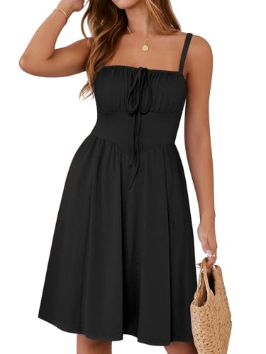 Image of YATHON Summer Mini Corset Sun Dress for Women Short Casual Square Neck Lace Up Floral Beach Vacation Dresses with Pockets