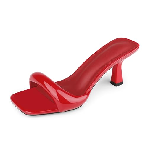 Women's Kitten Heels Sandals 2.76 Inch Square Toe Stiletto One-Strap Heeled Sandals Slip-On Mule Heels for Women