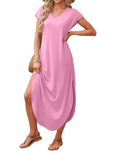 Image of RUMIA Summer Maxi Dresses for Women Cap Sleeve Long Sundress with Pockets