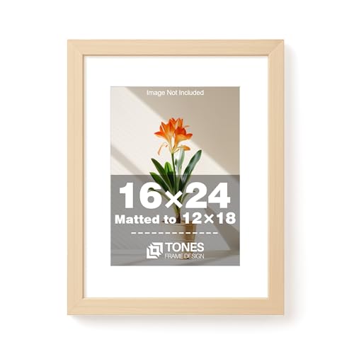 TONES FRAME DESIGN 16x24 Frame Natural Wood 16x24 Poster Frame With Mat for 12x18 Modern Wooden 16 x 24 Picture Frame with Shatterproof Plexiglass 24x16 Frames for Wall Hanging Horizontal Vertical