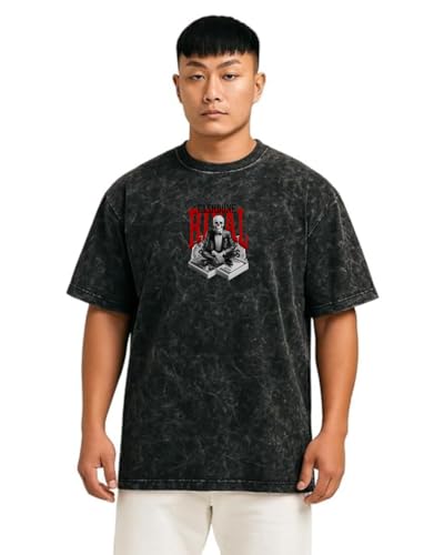Image of VEL Heavy Pure Cotton Men's Graphic Print Oversized Fit Half Sleeve Round Neck Cotton Acid Wash Print T-Shirt (in, Alpha, L, Regular, 1, CloudBlack Cashbone)