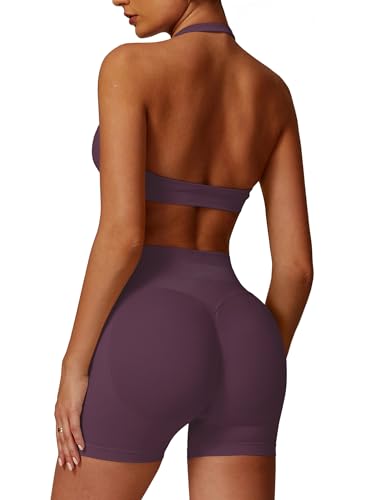 Image of ABOCIW Workout Sets for Women 2 Piece seamless Halter Sports Bra Scrunch Butt Impact Shorts Gym Yoga Outfits
