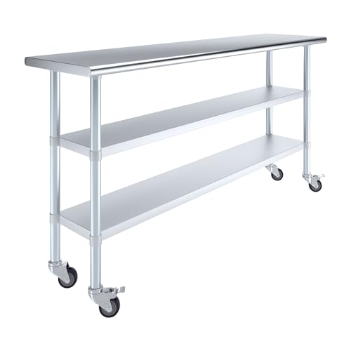 Image of AmGood Stainless Steel Work Table with 2 Shelves and Casters | Metal Utility Table On Wheels (Stainless Steel Work Table with 2 Shelves + Casters, 72 inch Long x 18 inch Deep)