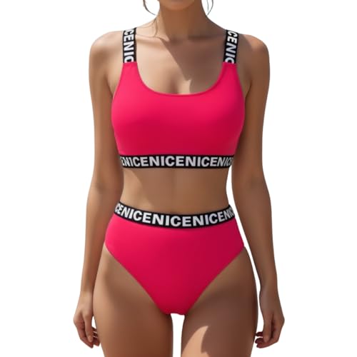 OcenaSun10 Bikini Mujer Push Up Deportivo Cintura Alta Traje de Baño Dos Piezas Conjunto con Relleno Bikini Top con Brasileño Braga Alta Playa Piscina (FR/ES, Números, 36, Regular, Regular, Rosa)
