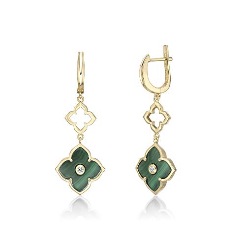 Mother of Pearl, Black Onyx or Green Malachite with Cubic Zirconia Flower Dangling Drop Earrings for Women in 925 Sterling Silver with Hinged Back by Lavari Jewelers - Main Image