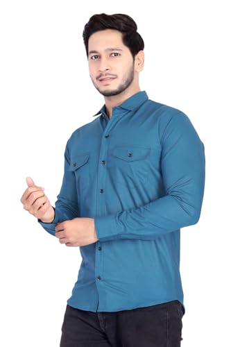 Image of Men's Cotton Spread Collar Full Sleeve Regular Fit Solid Casual Shirt with Double Pockets - Stylish Comfortable Shirt for Everyday Wear