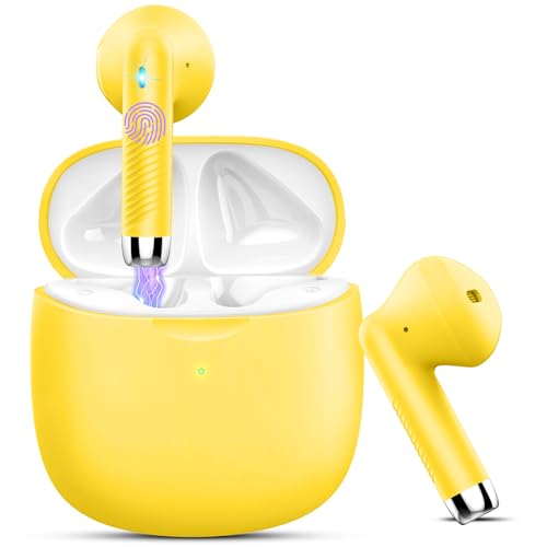 Image of Wireless Earbuds, Bluetooth 5.4 Earbuds Stereo Bass, Bluetooth Headphones in Ear Noise Cancelling Mic, Earphones IP7 Waterproof Sports, 32H Playtime USB C Charging Case Yellow Ear Buds for Android iOS