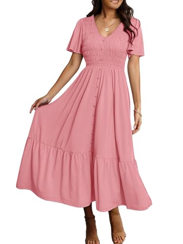 Image of Simplee Womens Summer Smocked Flowy Dress - Casual Flutter Sleeve Tiered Boho Maxi Dresses with Pockets