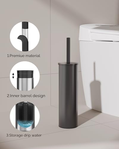 Image of Toilet Brush and Holder Set, 2 Pack Stainless Steel Toilet Bowl Brush with Lid, Rust Proof Toilet Cleaner Brush with Caddy, Durable Bristles, Splash Proof, Ideal for Bathroom(Matte Black)